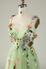 Green Spaghetti Straps Prom Dress With 3D Flowers