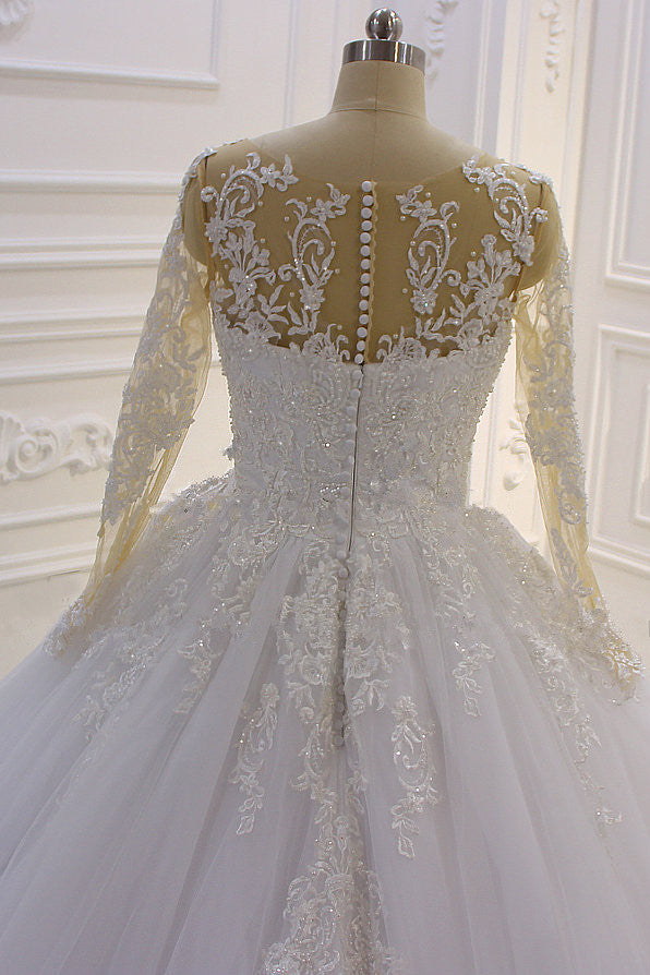 Bateau Long Sleeve Lace A-Line Wedding Dress with Pearls and Tulle Appliques