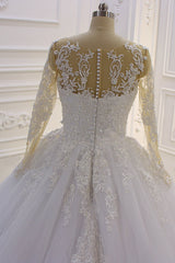 Bateau Long Sleeve Lace A-Line Wedding Dress with Pearls and Tulle Appliques