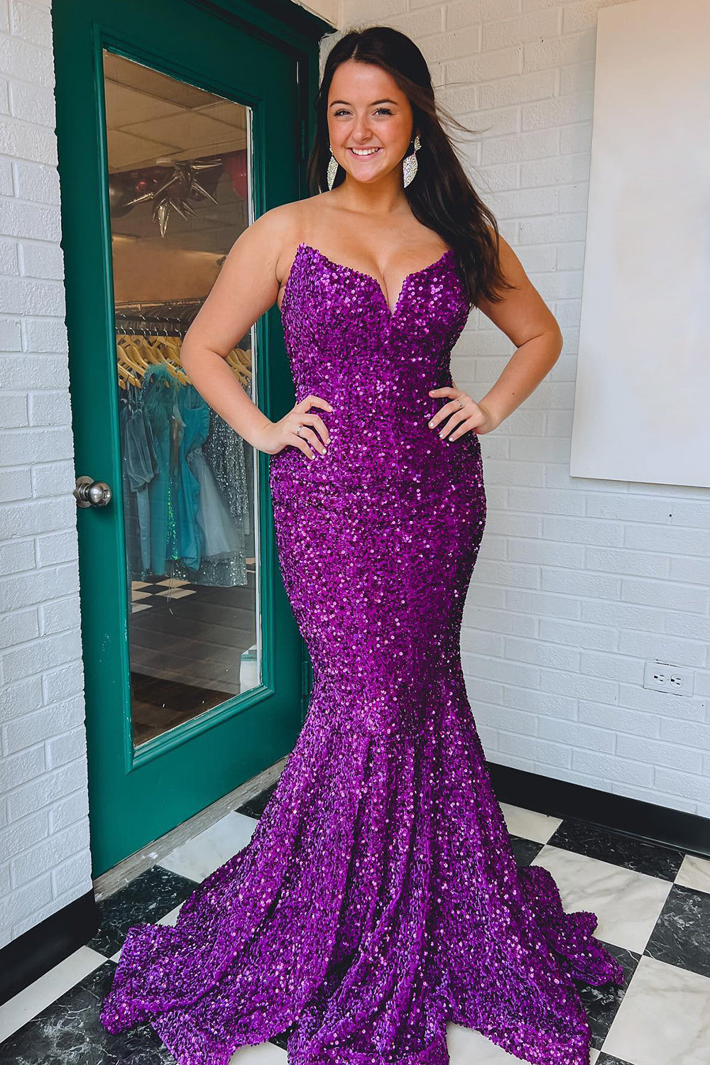 Fuchsia Sweetheart Neck Sequined Mermaid Prom Dress With Sweep Train