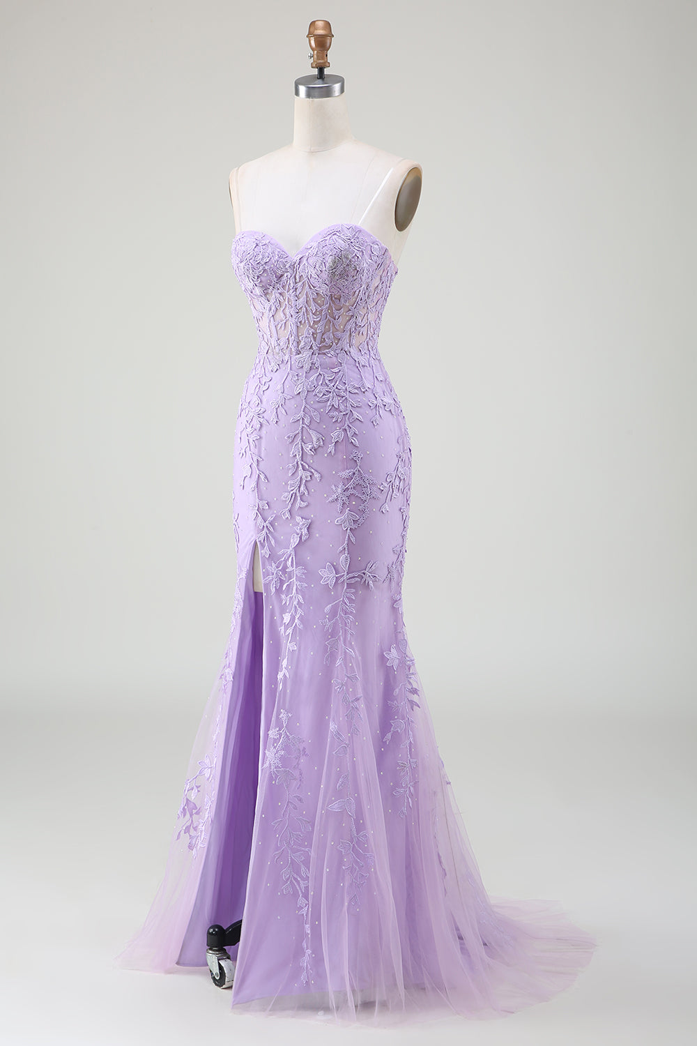 Purple Corset Sweetheart Long Lace Prom Dress with Slit