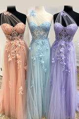 A Line One Shoulder Sky Blue Long Prom Dress with Appliques