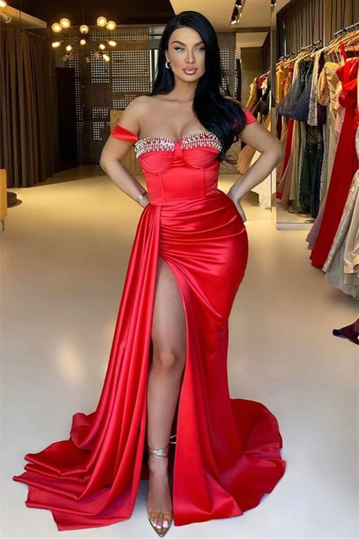 Red Split Mermaid Off-The-Shoulder Beadings Sweetheart Evening Dress Long with Ruffles