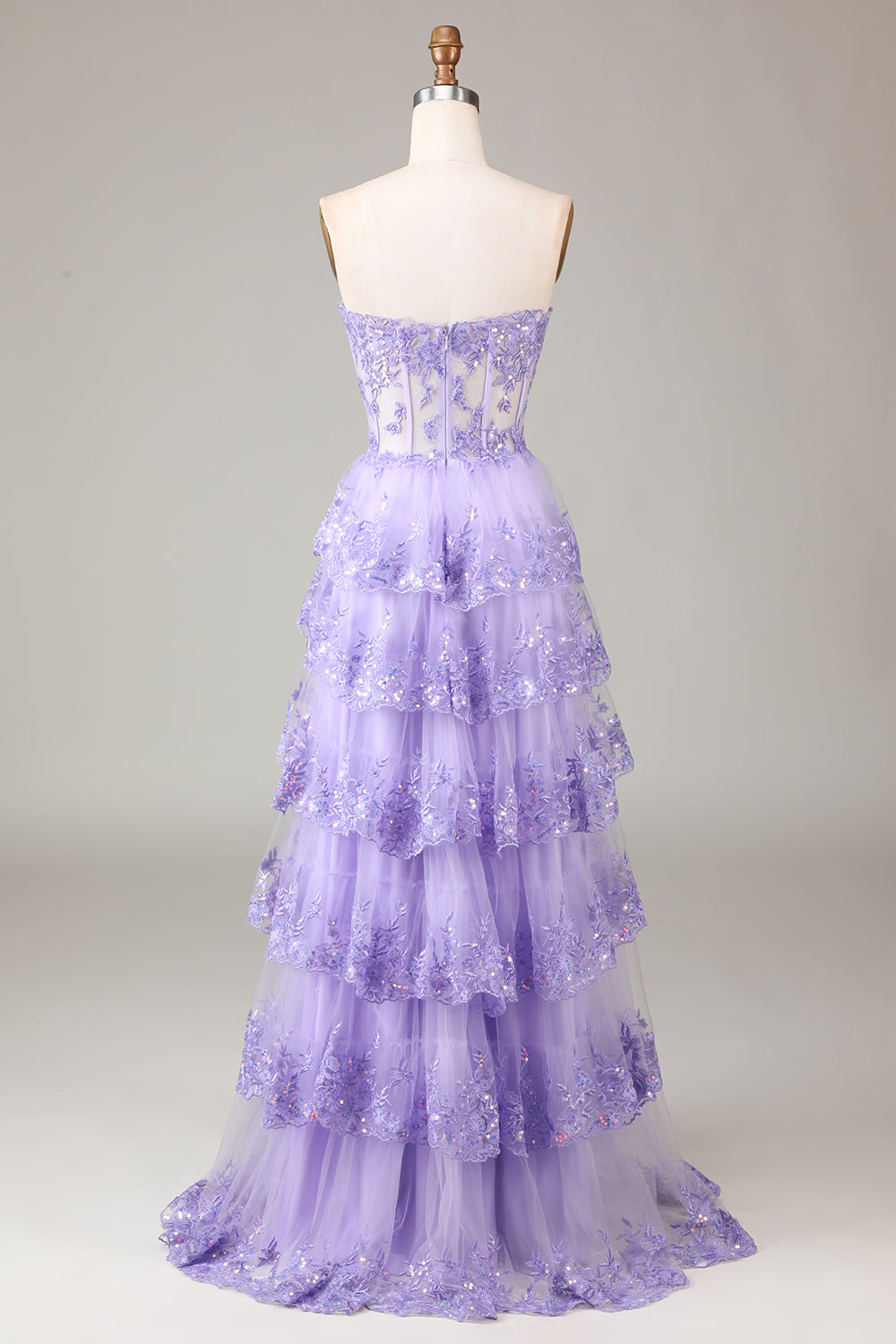 A Line Purple Corset Tiered Long Prom Dress