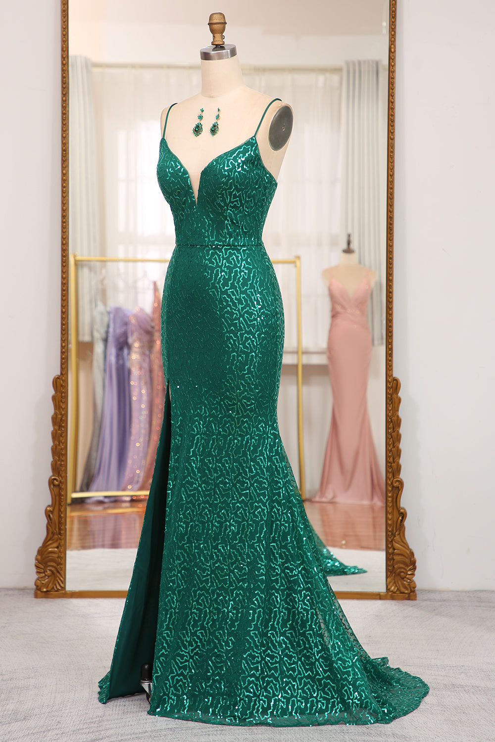 Glitter Dark Green Mermaid Long Prom Dress With Slit