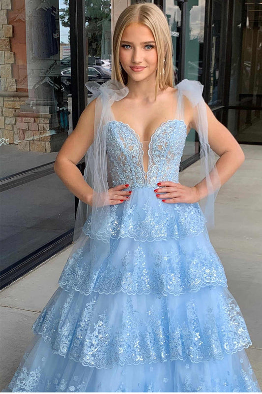 Blue Ruffled Tiered Lace A-Line Long Prom Dress