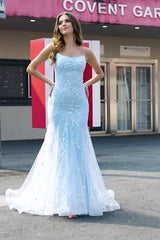 Blue Mermaid Spaghetti Straps Appliqued Long Prom Dress