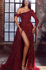 Burgundy One Shoulder Mermaid Evening Dress with Long Sleeve, Split, and Sequins Beadings