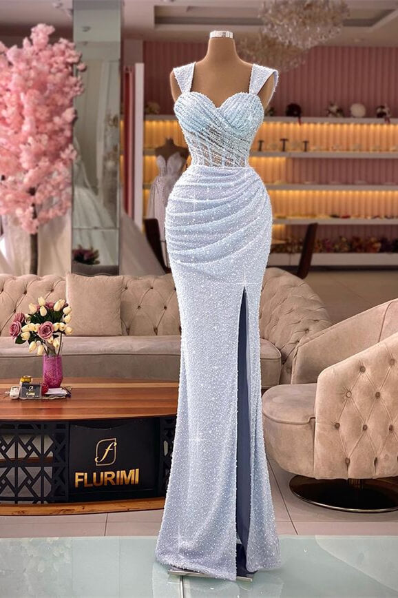 Straps Sweetheart Mermaid Sequin Split Evening Dress with Pleated Glamour