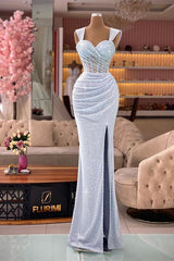 Straps Sweetheart Mermaid Sequin Split Evening Dress with Pleated Glamour