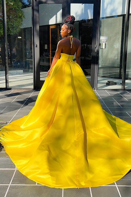 Yellow Halter V Neck Mermaid Evening Dress Long Pleated