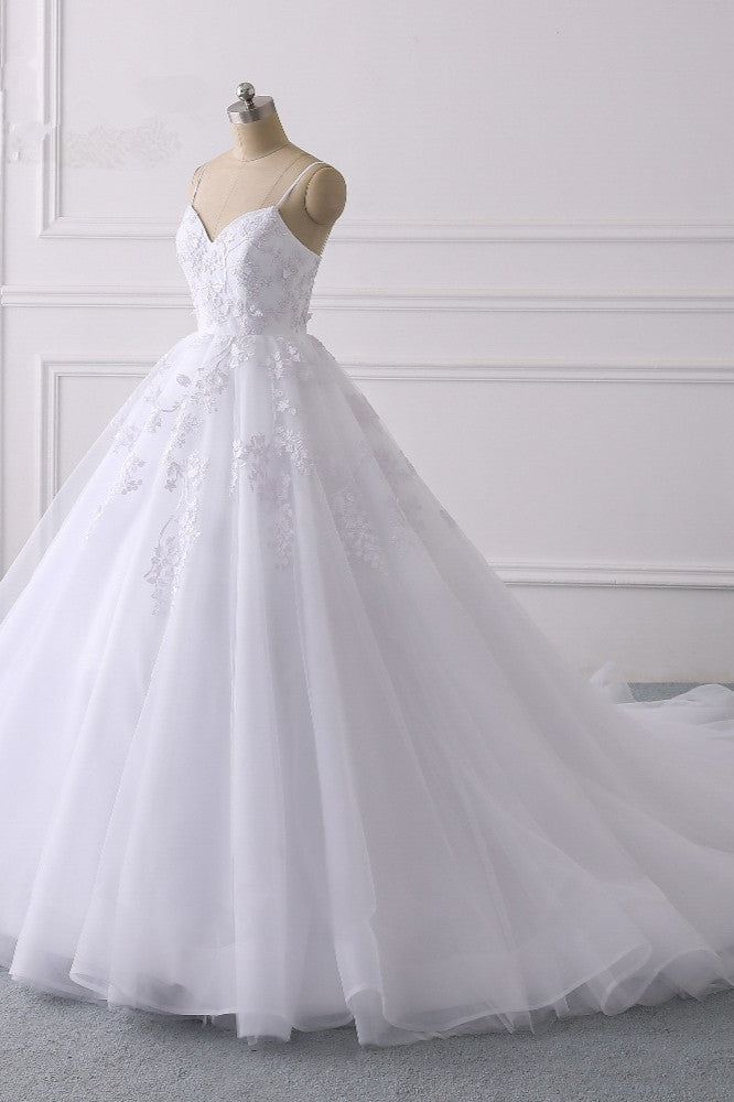 Spaghetti Strap V-Neck Tulle Wedding Dress with Lace Appliques