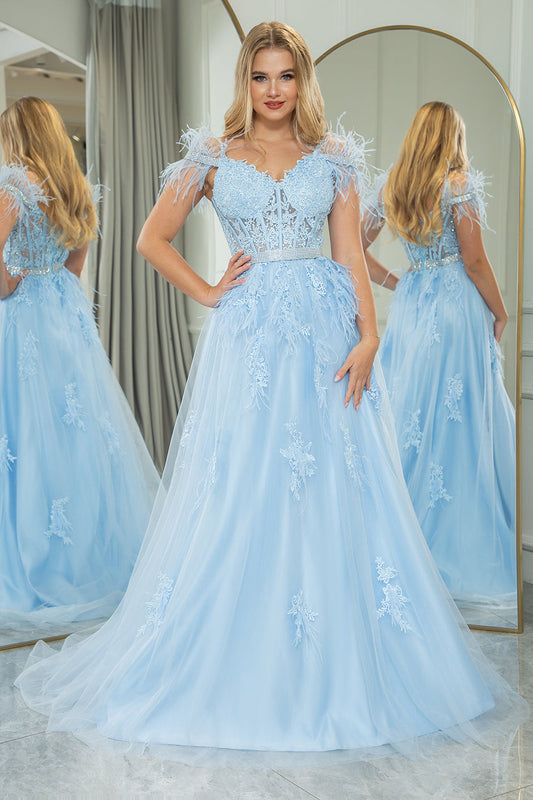 Light Blue A Line Appliqued Long Corset Prom Dress With Feathers