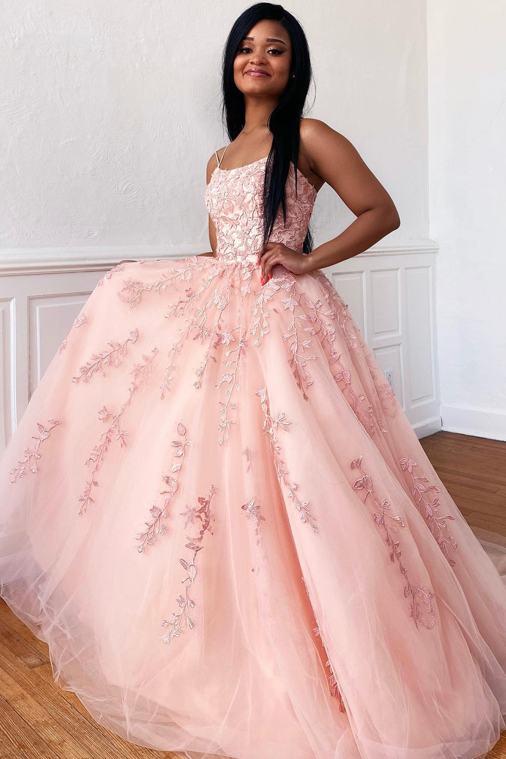 Princess Champagne Spaghetti Straps Prom Dress