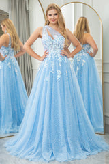 Light Blue A Line One Shoulder Tulle Long Prom Dress With Appliques