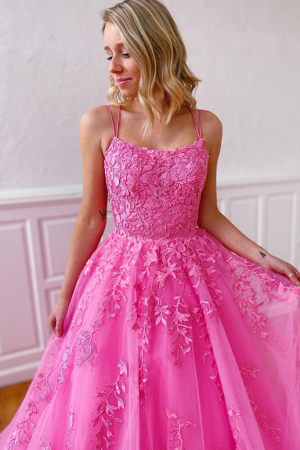 Princess Champagne Spaghetti Straps Prom Dress