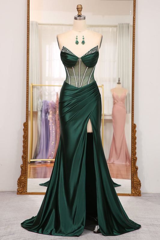 Dark Green Sweetheart Satin Mermaid Sleeveless Prom Dress