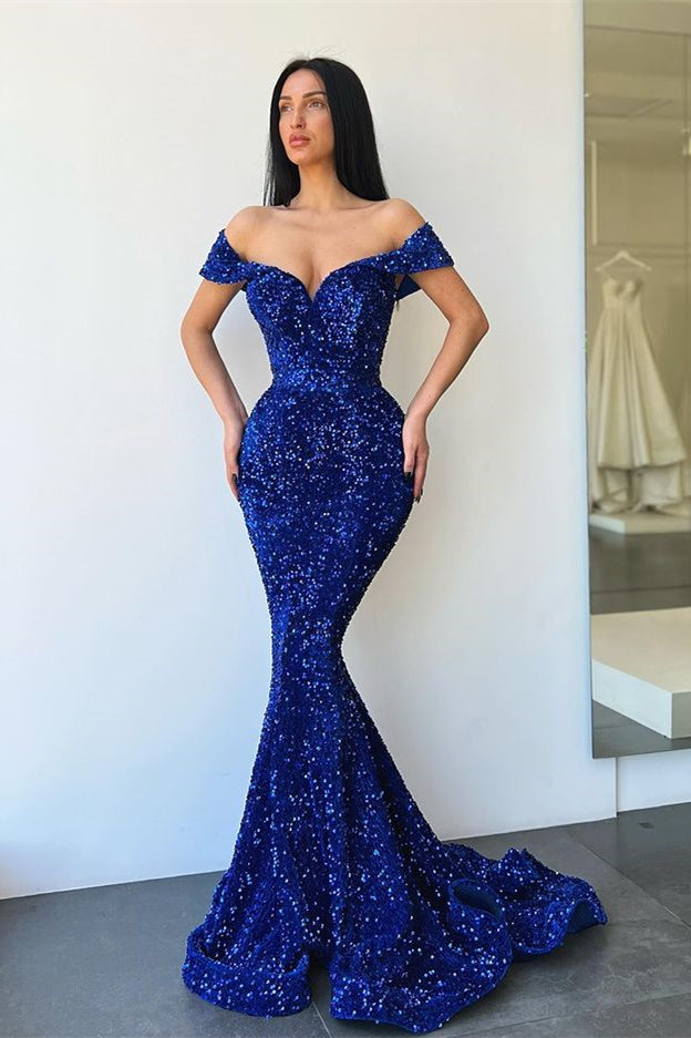 Royal Blue Sweetheart Off-The-Shoulder Mermaid Evening Dress with Sequins