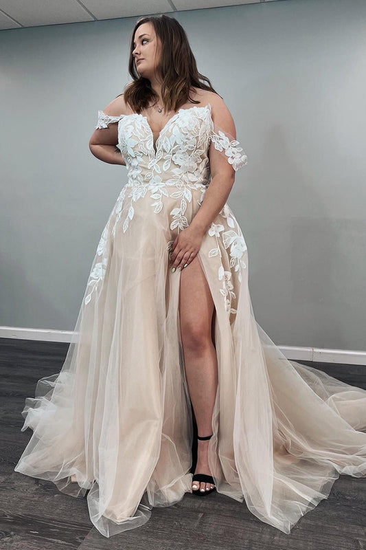 Elegant Tulle Off-the-Shoulder Ivory Long Plus Size Wedding Dress with Appliques