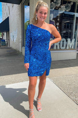 Blue Sequins Homecoming Dress with Sleeves