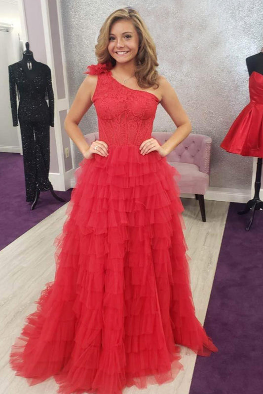 Red One Shoulder Corset Tiered Long Prom Dress with Ruffles