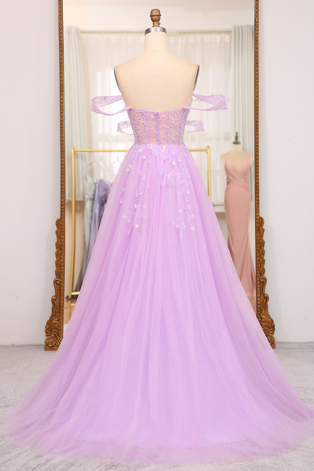 Light Purple A Line Off the Shoulder Long Corset Prom Dress With Slit