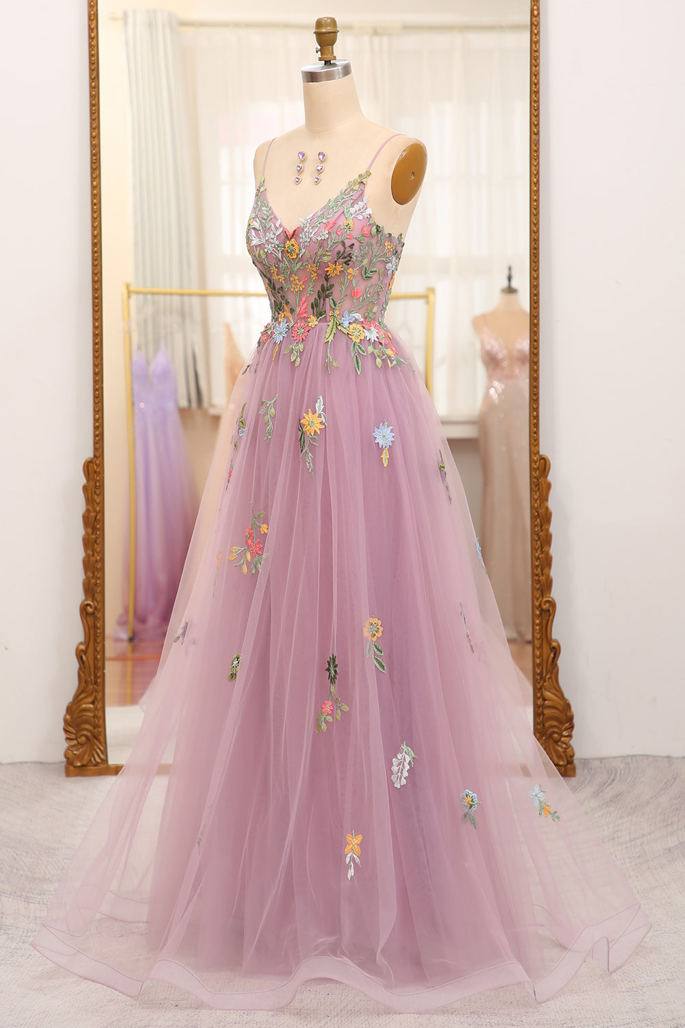 Mauve A Line Tulle Beaded Appliques Long Prom Dress With Front Slit