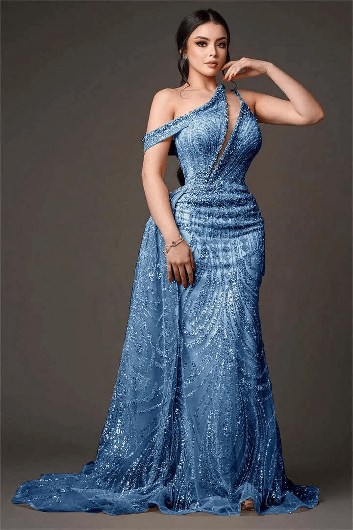 Champagne Mermaid Prom Dress Asymmetric Neck Beaded Evening Dress