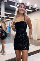 Black Sparkly Sheath Spaghetti Strap Sequin Short Homecoming Dress with Criss-Cross Back