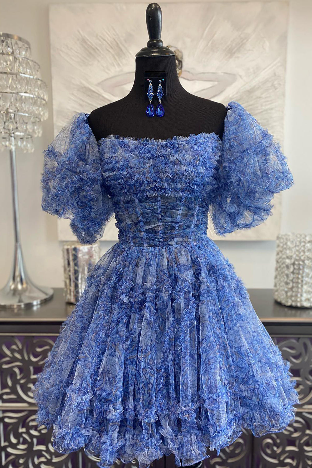 Blue Printed Detachable Sleeves Ruffled Short Homecoming Dress