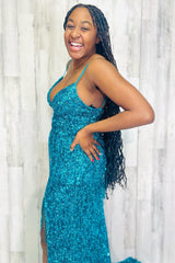 Sparkly Turquoise Mermaid Sequins Long Prom Dress with Fringes