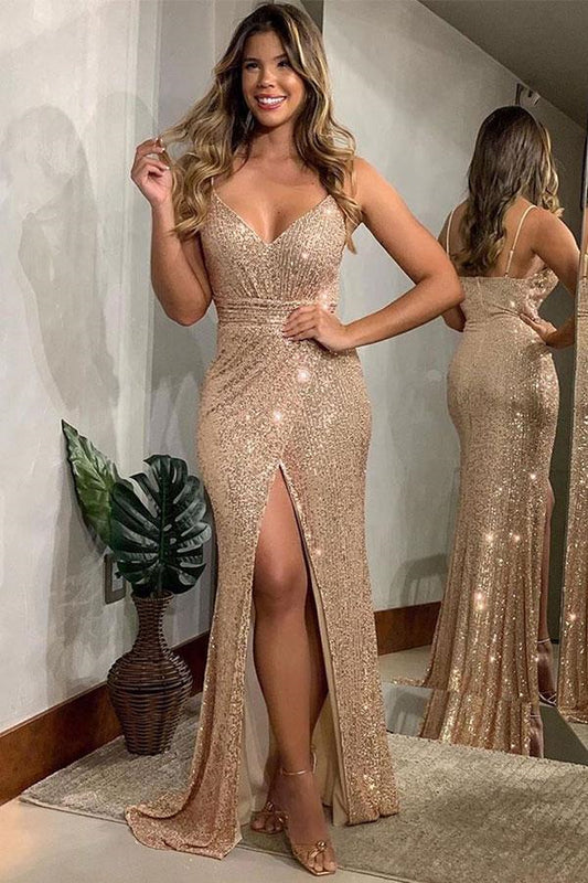 Spaghetti-Strap Sequin Evening Dress with Slit