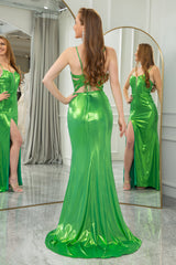 Glitter Green Mermaid Spaghetti Straps Long Prom Dress With Slit