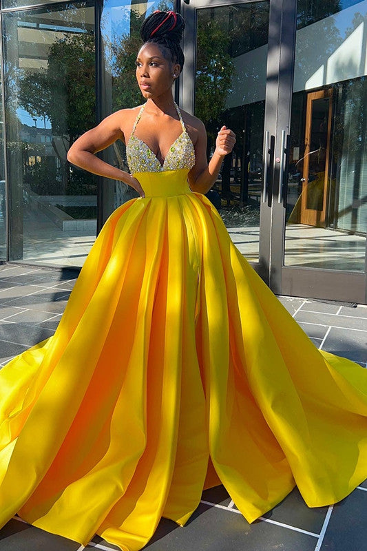 Yellow Halter V Neck Mermaid Evening Dress Long Pleated