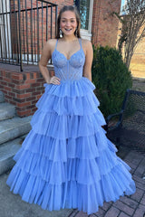 Blue A-Line Corset Long Tulle Tiered Prom Dress with Lace