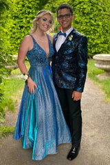 Sparkly Dark Blue 2-Piece Jacquard Shawl Lapel Men's Prom Homecoming Suit