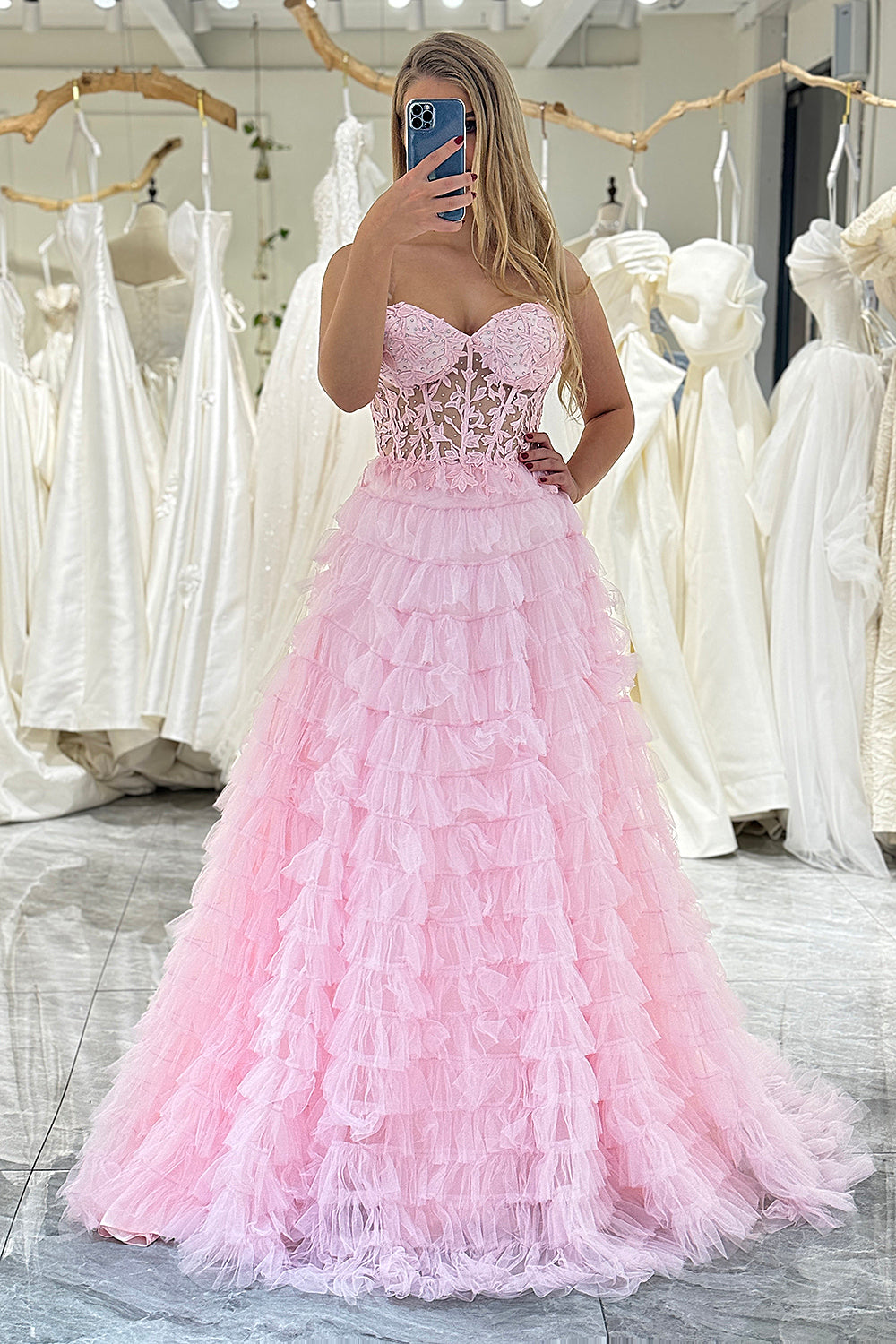 Lilac A Line Tiered Sweetheart Long Corset Prom Dress with Ruffles