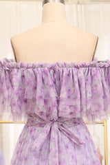 Light Purple Tulle A Line Off the Shoulder Long Prom Dress