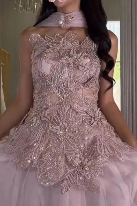 Stunning Pink Prom Dress Beaded Lace Appliqued Corset Tulle Evening Dress with Watteau Train