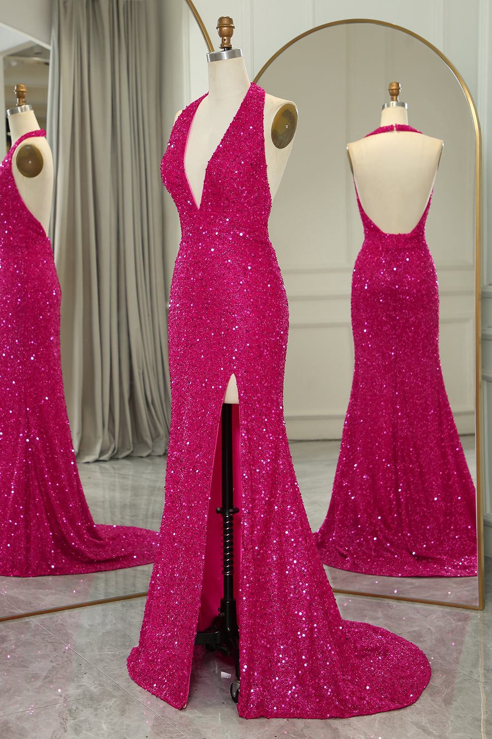 Sparkly Fuchsia Beaded Mermaid V Neck Backless Long Prom Dress With Slit