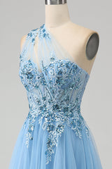 Light Blue A Line Long Corset Prom Dress With Appliques