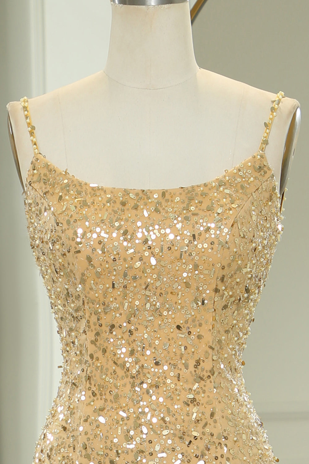 Sparkly Golden Mermaid Backless Long Prom Dress With Slit