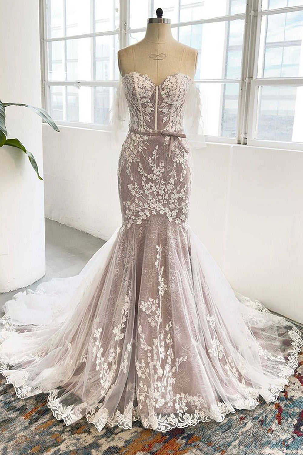 Unique Gray Purple Sweetheart Corset Mermaid Wedding Dress with Appliques