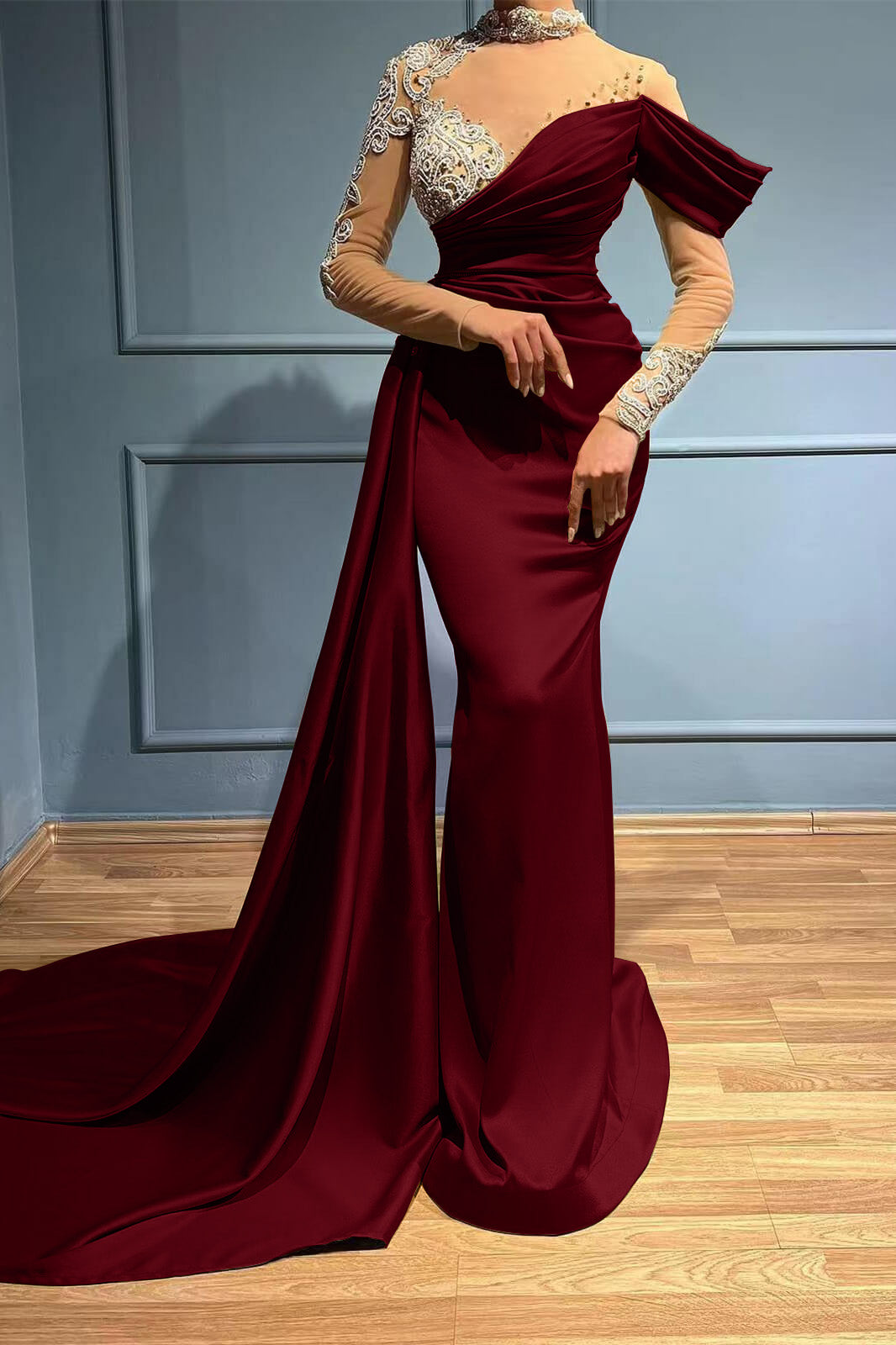 High Neck Mermaid Long Sleeves Appliques Evening Dress Long with Ruffles