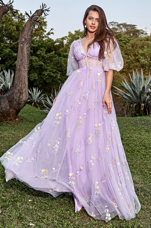 Purple V-Neck Embroidery Long Prom Dress with Sleeves