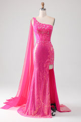 Sparkly Fuchsia Mermaid One Shoulder Long Corset Prom Dress With Slit