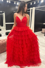 Red A Line Spaghetti Straps Long Tiered Prom Dress