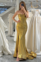 Sparkly Golden Mermaid Strapless Long Prom Dress With Slit