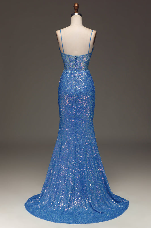 Glitter Blue Mermaid Long Prom Dress With Slit