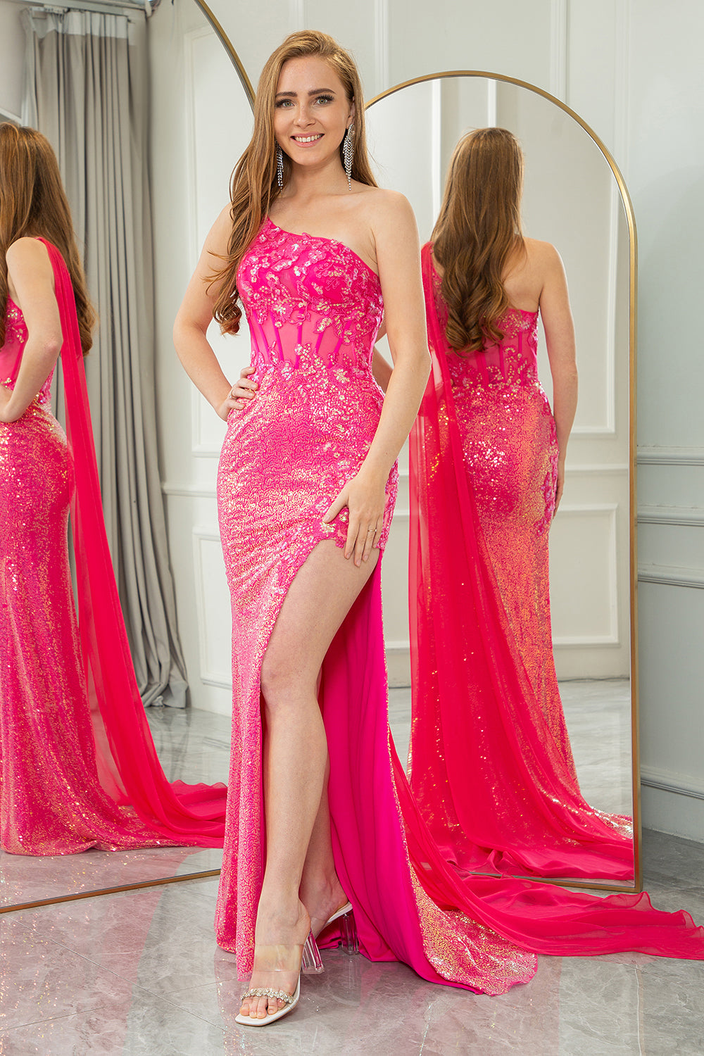 Sparkly Fuchsia Mermaid One Shoulder Long Corset Prom Dress With Slit